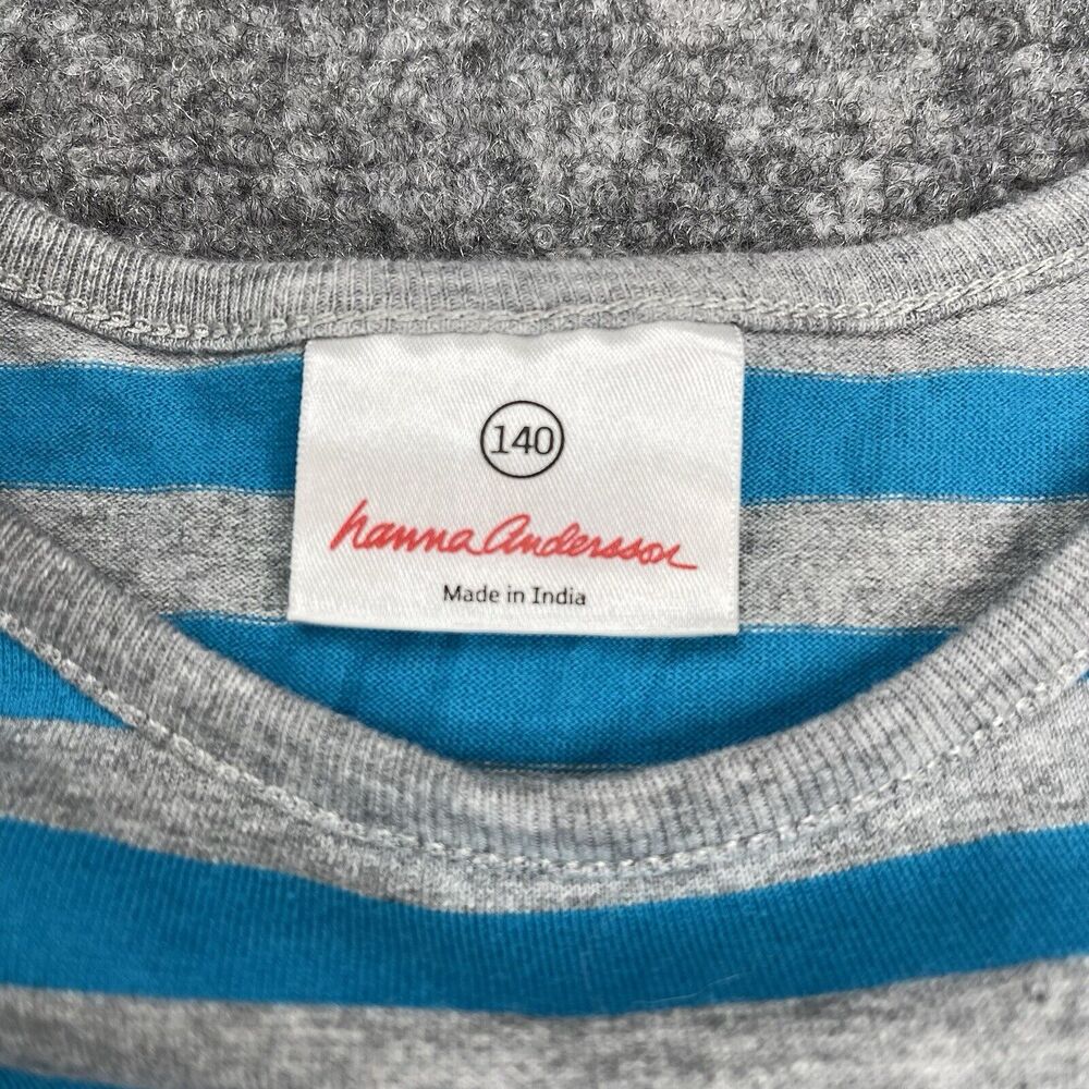 Hanna Andersson Girls Dress 140 US Size 10 Long Sleeve Blue Gray Striped Cotton - Picture 3 of 7
